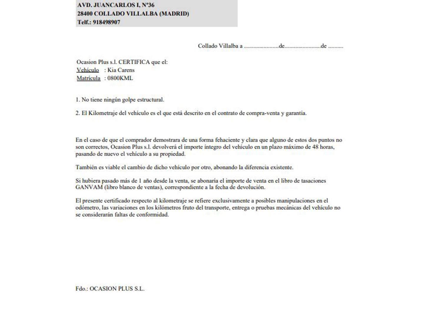 Foto del certificado del KIA Carens KIA Carens 1.6 GDi Drive (135 CV)