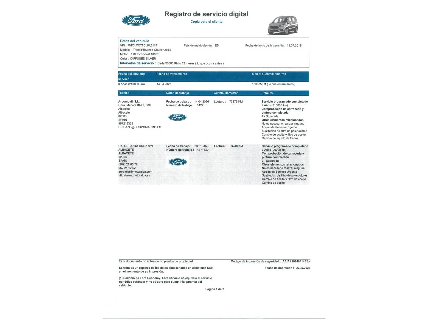 Foto del mantenimiento del Ford Tourneo Courier Ford Tourneo Courier 1.0 EcoBoost Trend (100 CV)