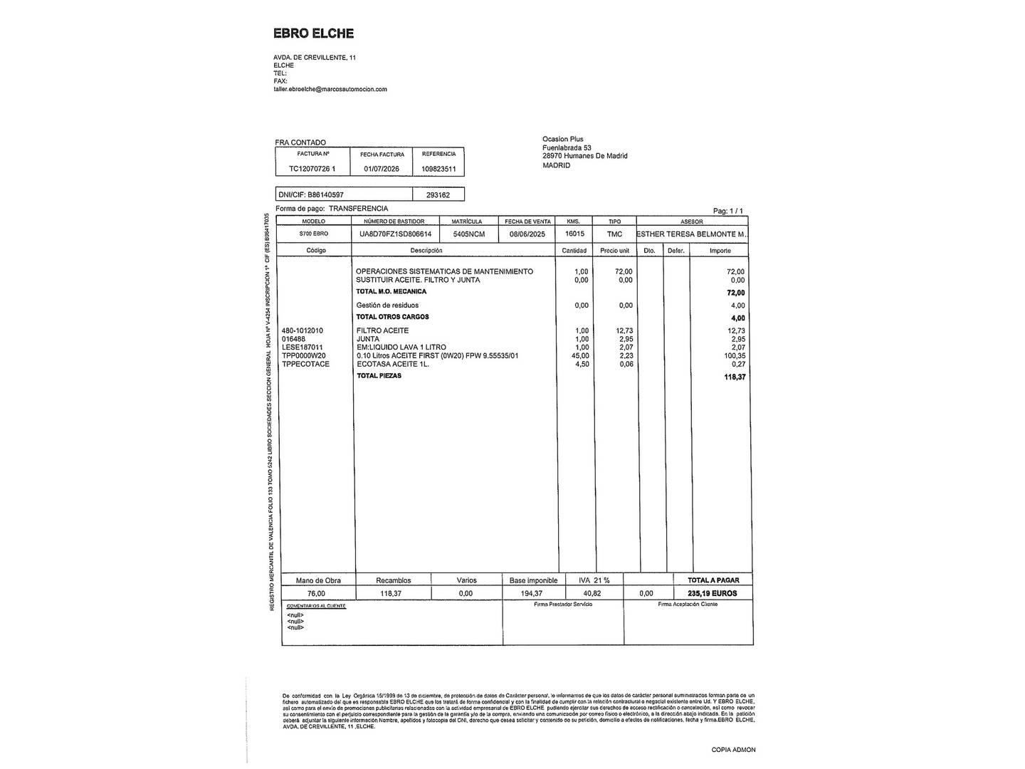 Foto del mantenimiento del EBRO S700 EBRO S700 1.6 TGDI Comfort DCT (147 CV)
