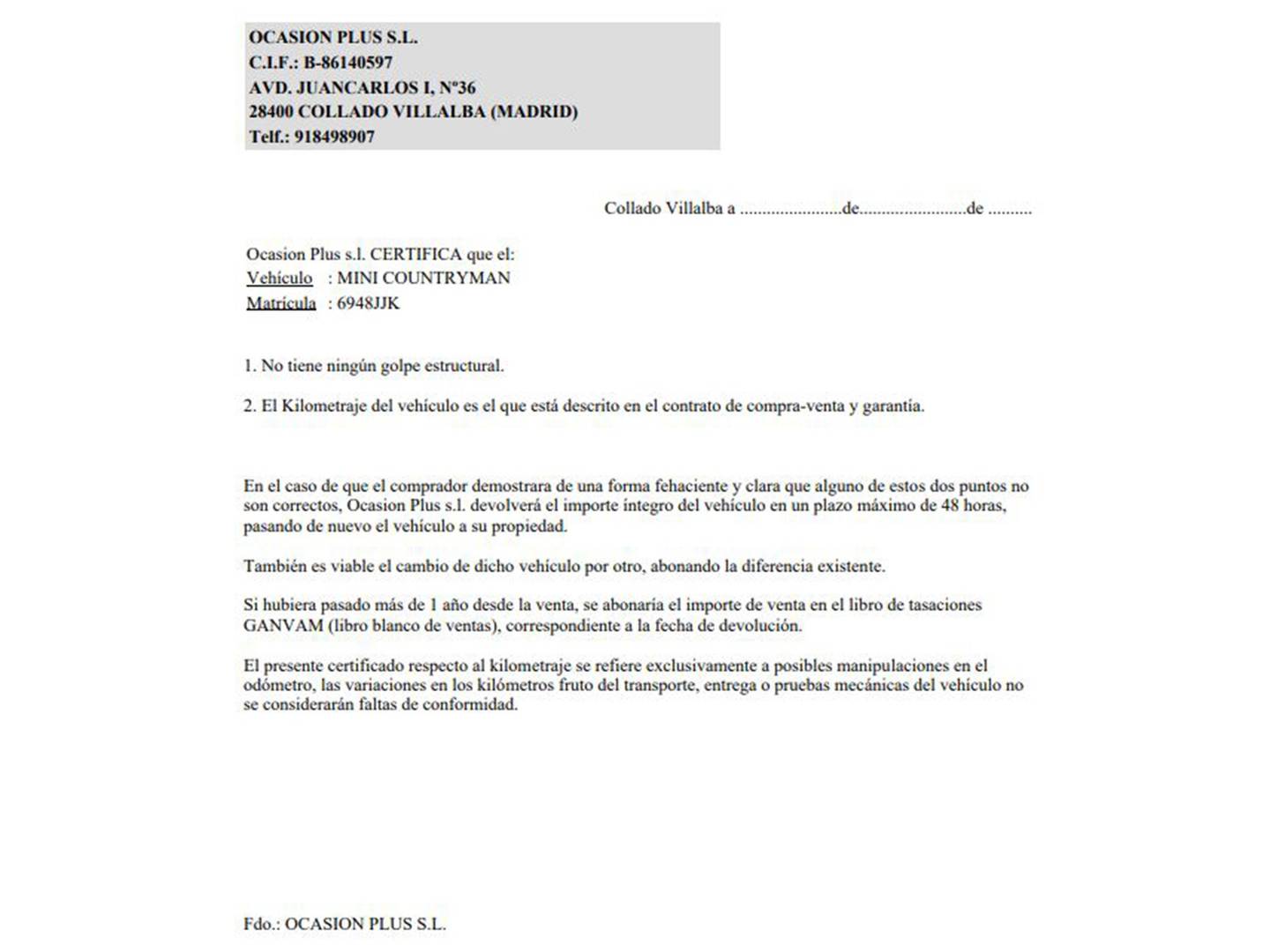 Foto del certificado del Mini Countryman Mini MINI Countryman John Cooper Works ALL4 (218 CV)
