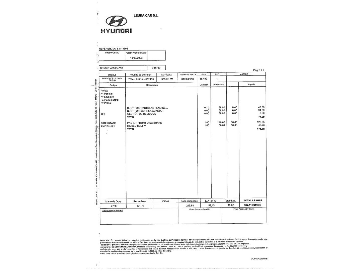 Foto del mantenimiento del Hyundai i30 Hyundai i30 1.0 TGDI Tecno (120 CV)