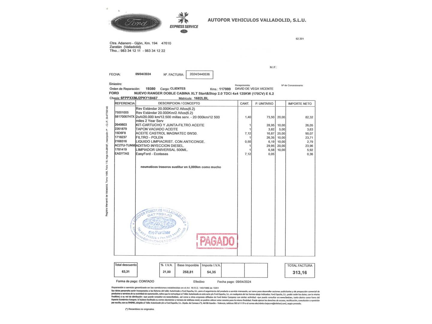 Foto del mantenimiento del Ford Ranger Ford Ranger Pickup 2.0 TDCI S&S DobleCabina XLT 4x4 (170 CV)