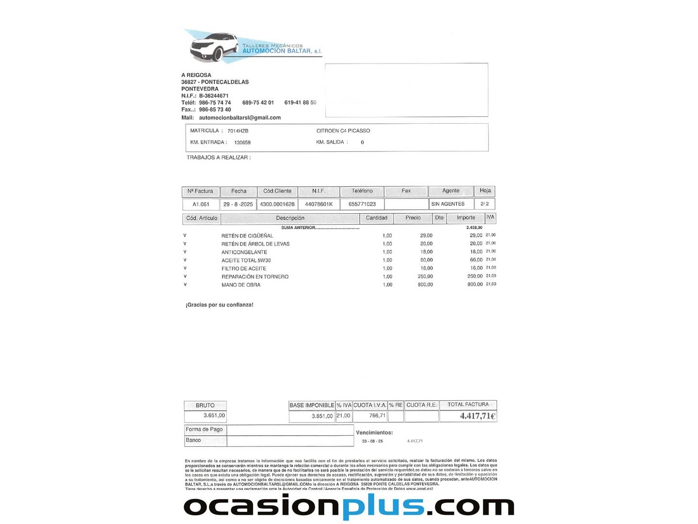 Foto del mantenimiento del Citroën Grand C4 Picasso Citroën Grand C4 Picasso BlueHDi 150 Airdream Intensive (150 CV) 7 Plazas