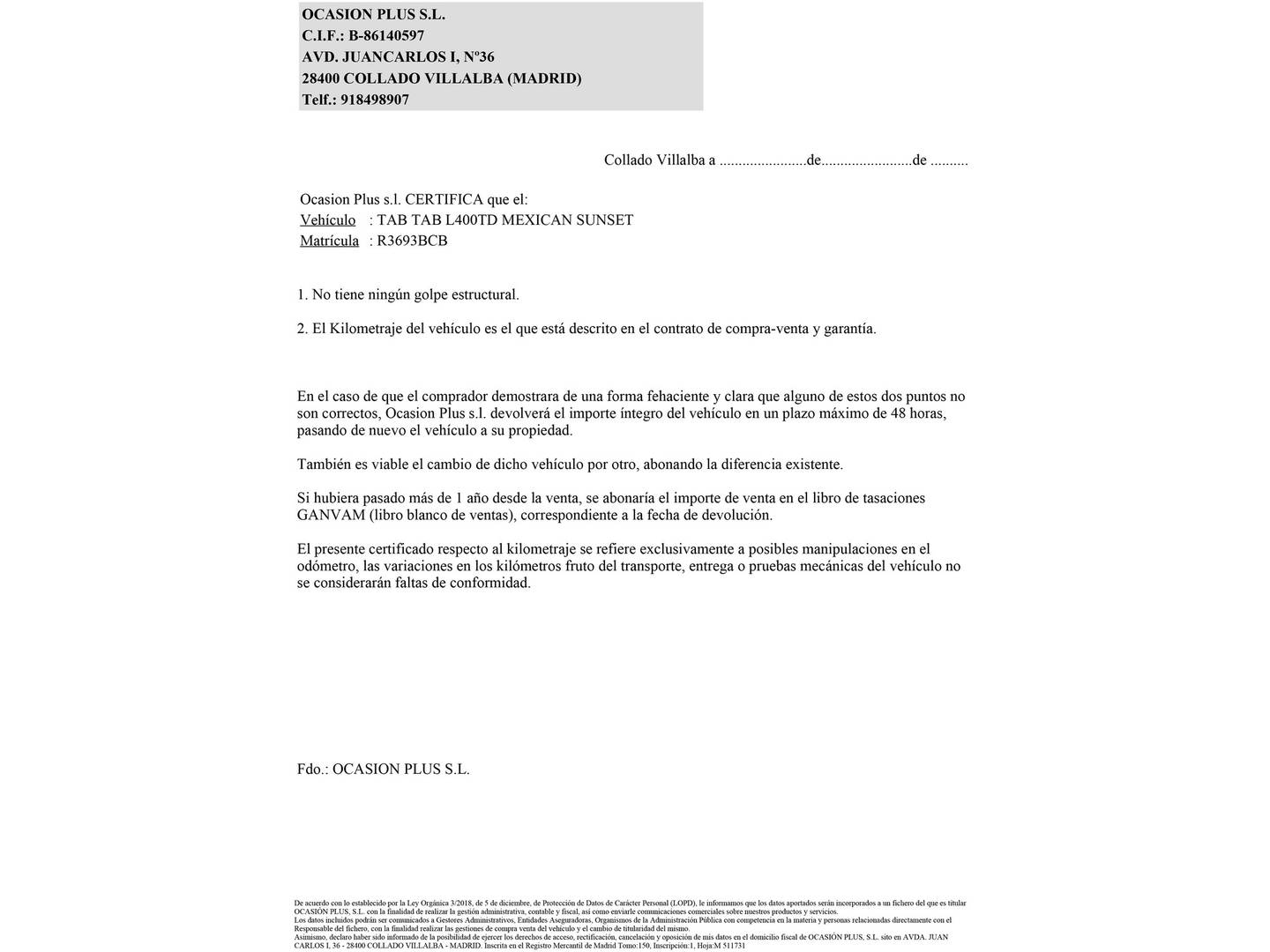 Foto del certificado del KNAUS TAB KNAUS TAB L400TD Mexican Sunset TEC Trav King 510