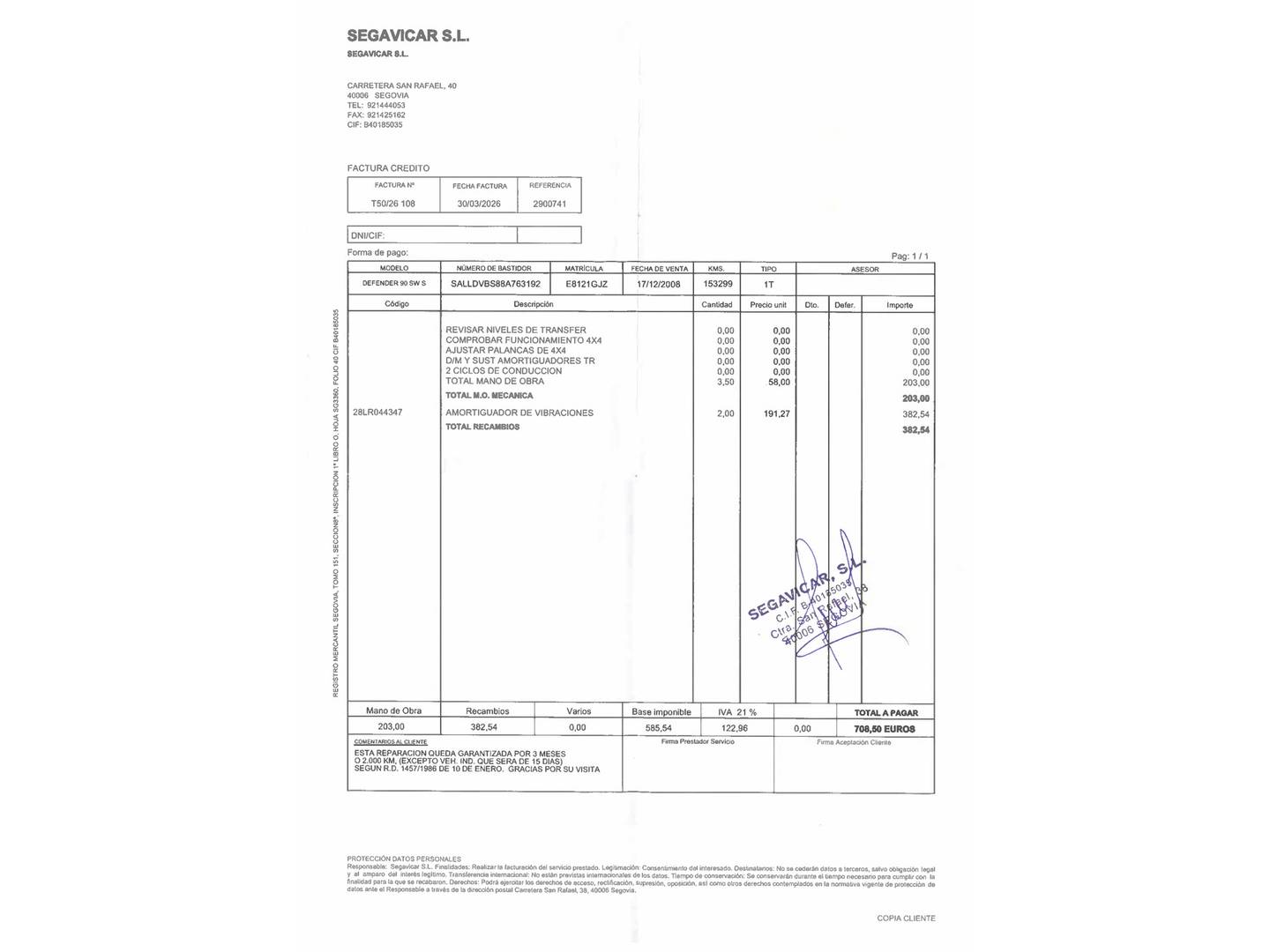 Foto del mantenimiento del Land Rover Defender Land Rover Defender 90 SW E  (122 CV)