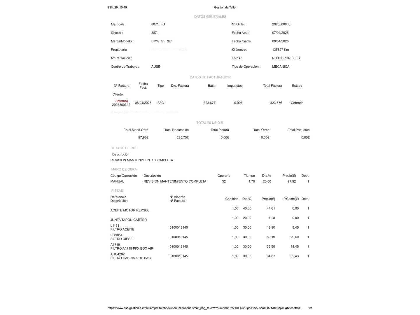 Foto del mantenimiento del BMW Serie 1 BMW Serie 1 118d (150 CV)