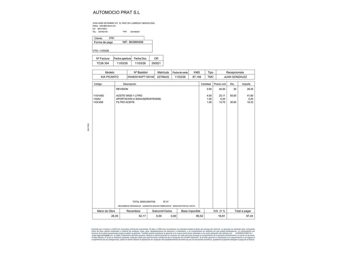 Foto del mantenimiento del KIA Picanto KIA Picanto 1.0 DPi Concept Pack Comfort (67 CV)