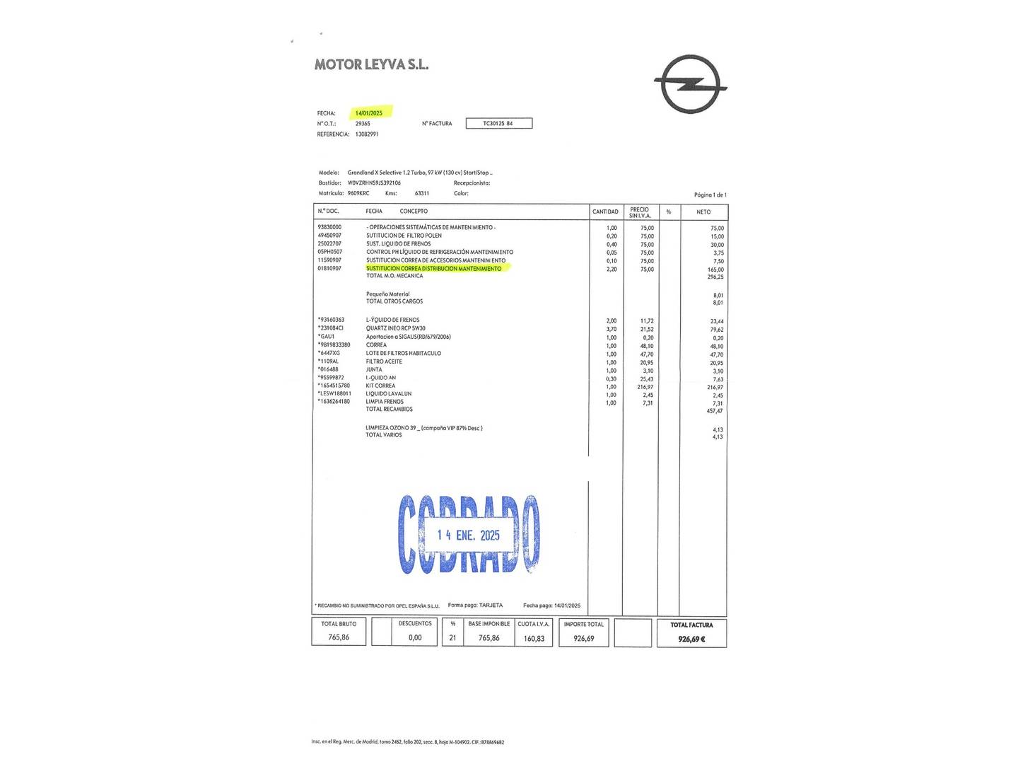 Foto del mantenimiento del Opel Grandland X Opel Grandland X 1.2 Turbo S&S Selective (130 CV)