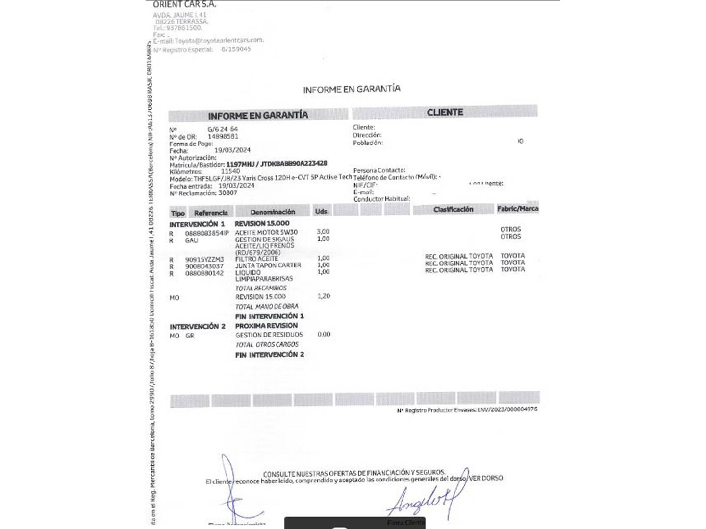 Foto del mantenimiento del Toyota Yaris Cross Toyota Yaris Cross 120H Active Tech (116 CV)