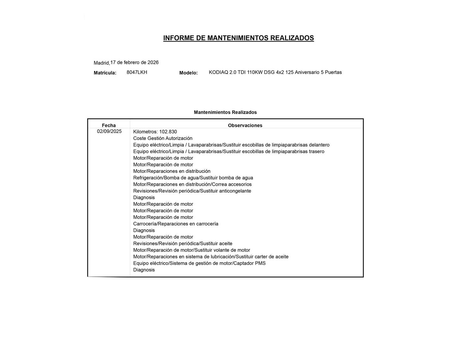 Foto del certificado del Skoda Kodiaq Skoda Kodiaq 2.0 TDI 125 Aniversario 4x2 DSG (150 CV) 7 Plazas
