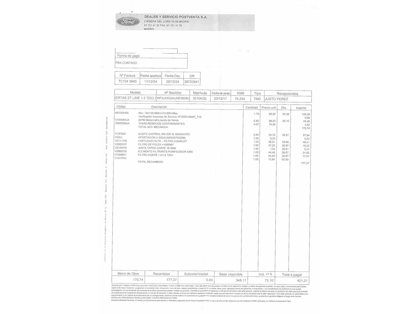 Foto del mantenimiento del Ford Fiesta Ford Fiesta 1.5 TDCI S&S ST-Line (120 CV)