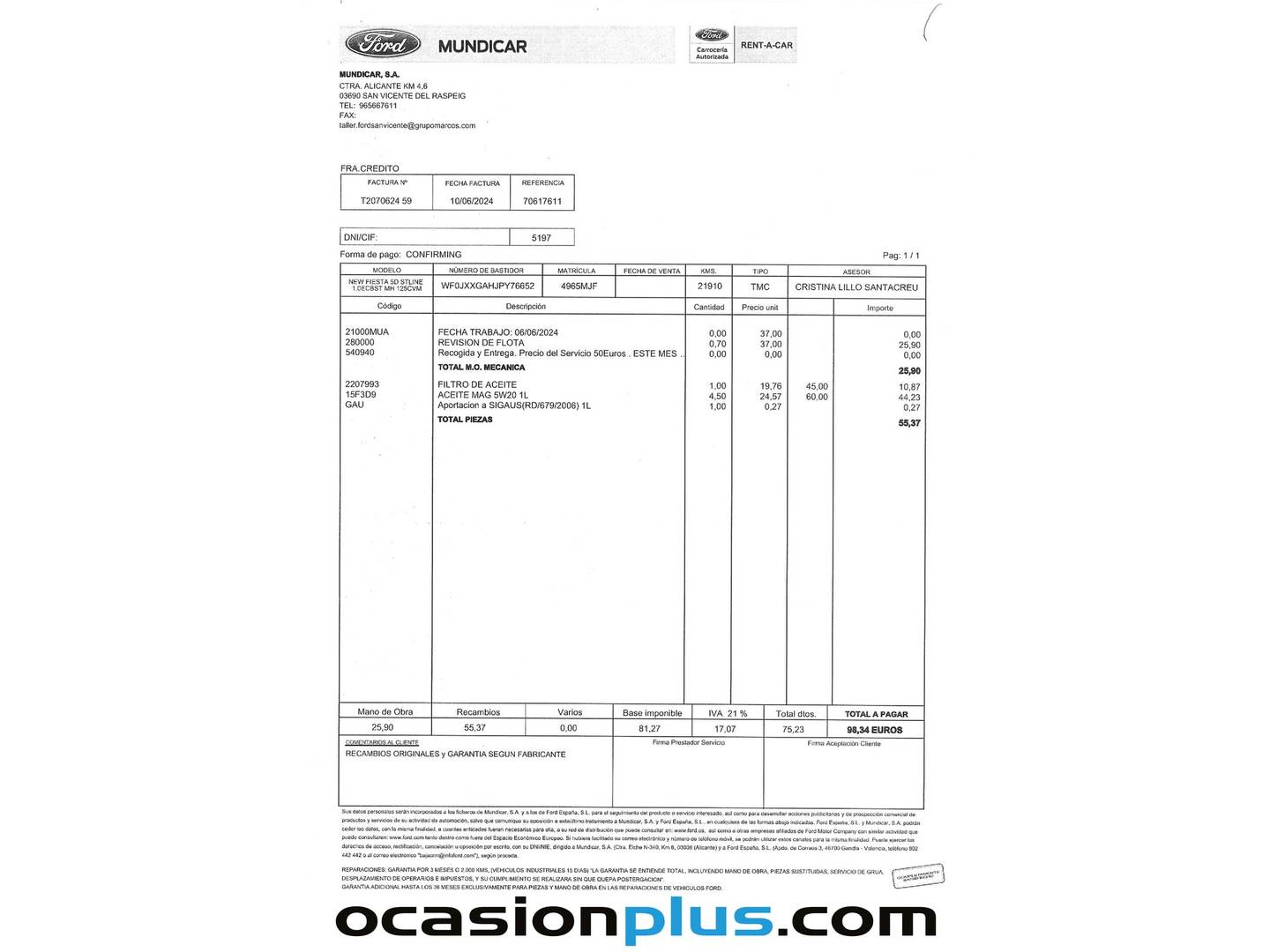 Foto del mantenimiento del Ford Fiesta Ford Fiesta 1.0 EcoBoost MHEV ST-Line (125 CV)
