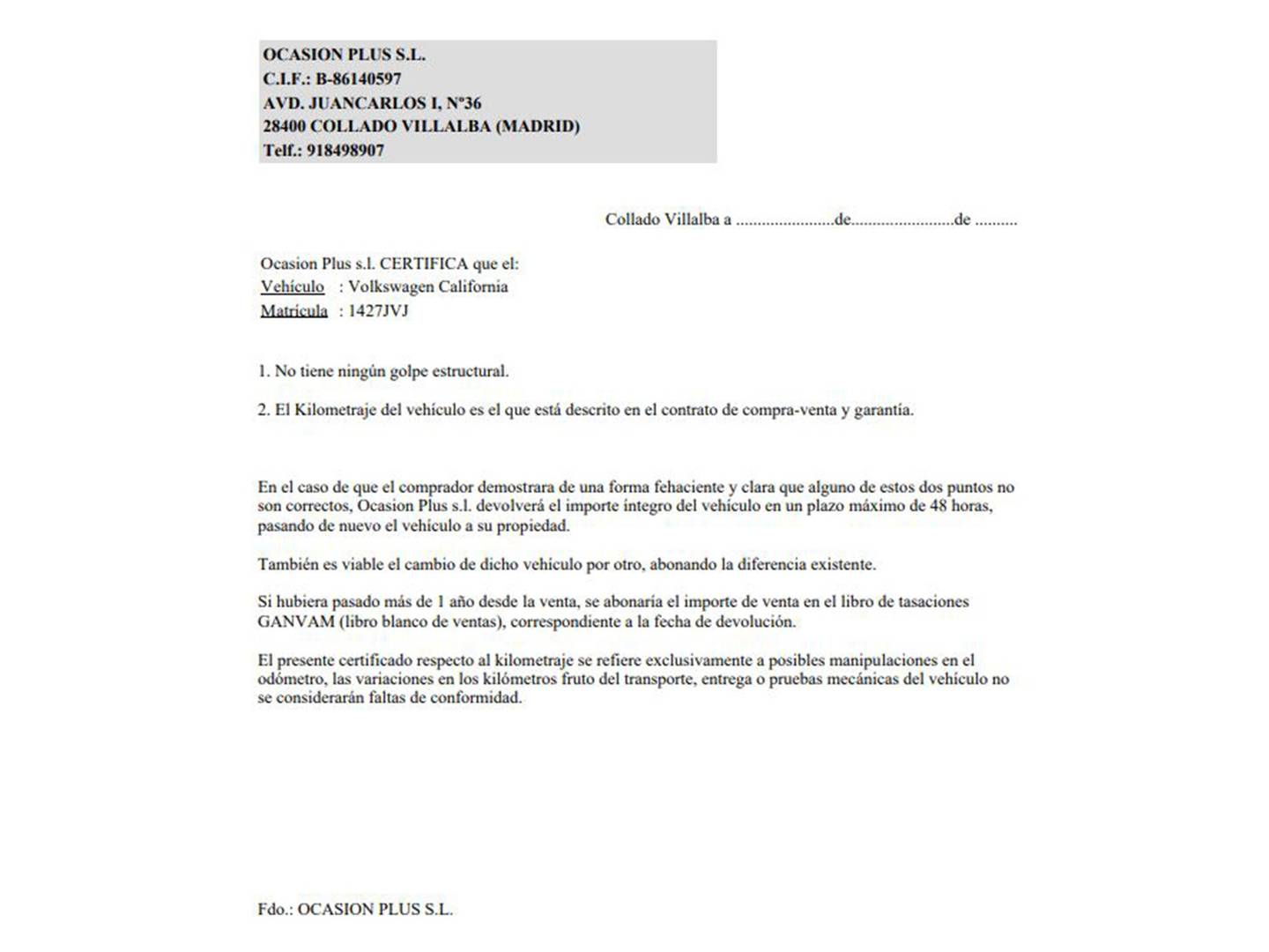 Foto del certificado del Volkswagen California Volkswagen California Ocean Batalla Corta 2.0 TDI BMT (150 CV)