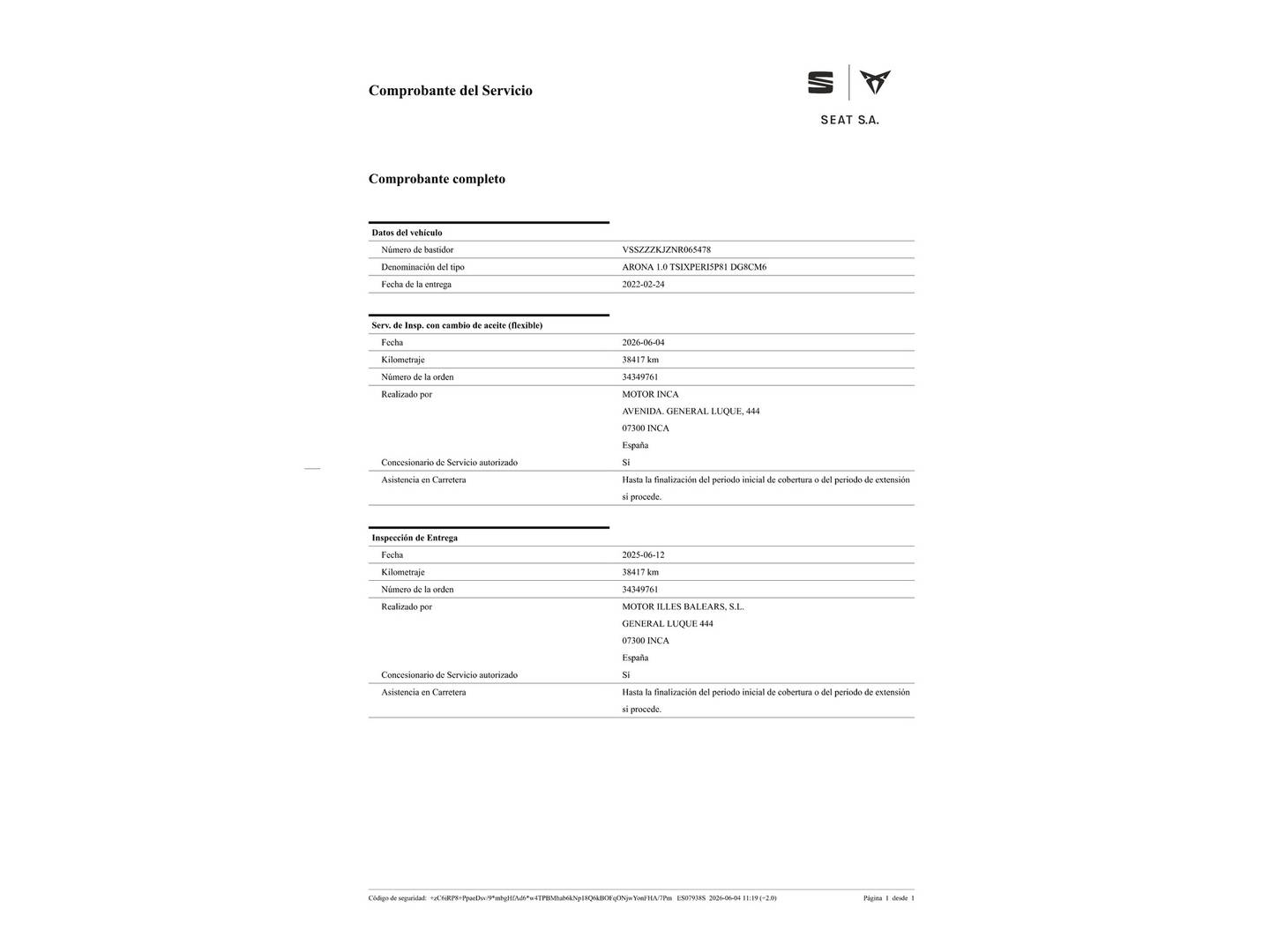 Foto del mantenimiento del Seat Arona Seat Arona 1.0 TSI Xperience Plus (110 CV)