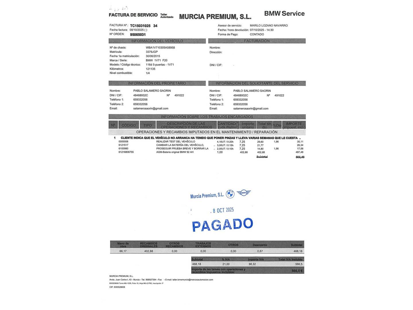 Foto del mantenimiento del BMW Serie 1 BMW Serie 1 116d (116 CV)