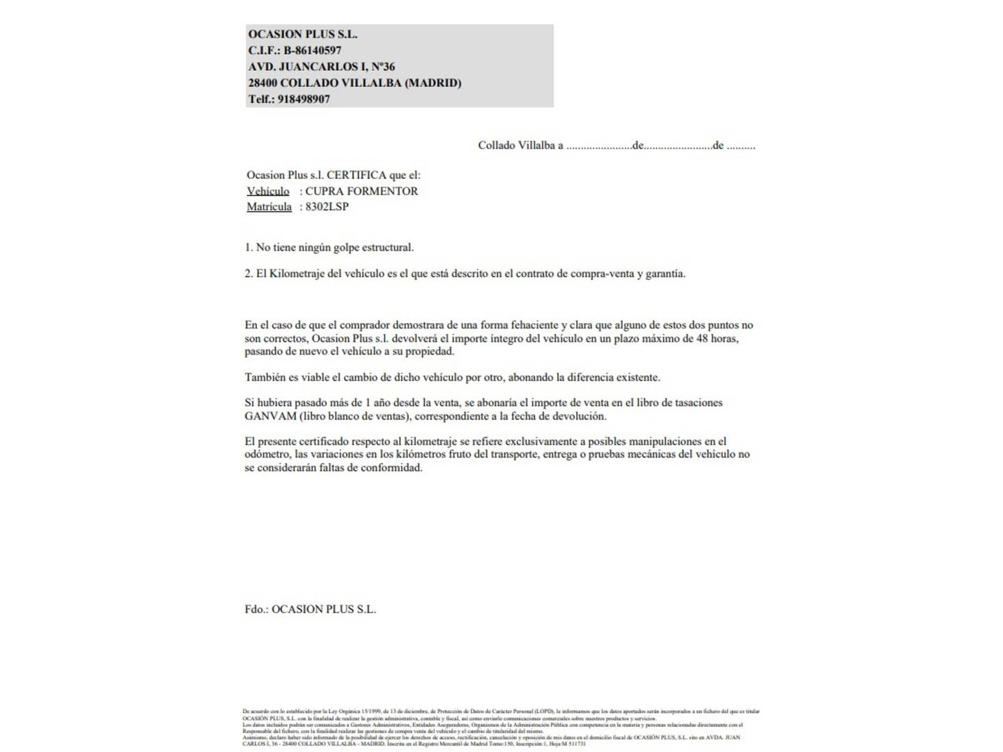 Foto del certificado del Cupra Formentor CUPRA Formentor 1.4 e-Hybrid DSG  (204 CV)