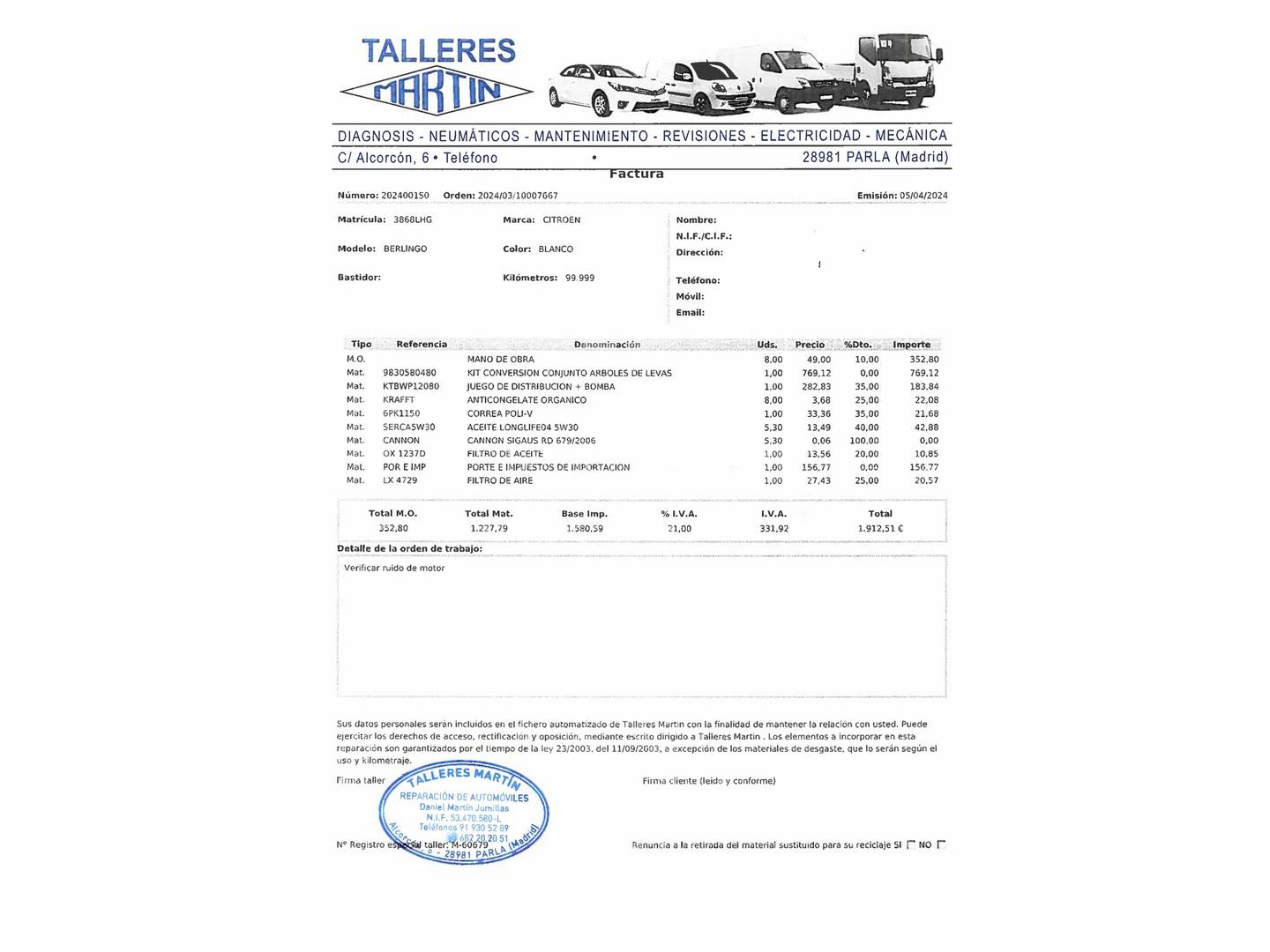 Foto del mantenimiento del Citroën Berlingo Citroën Berlingo Furgon BlueHDi 100 Club Talla M (102 CV)