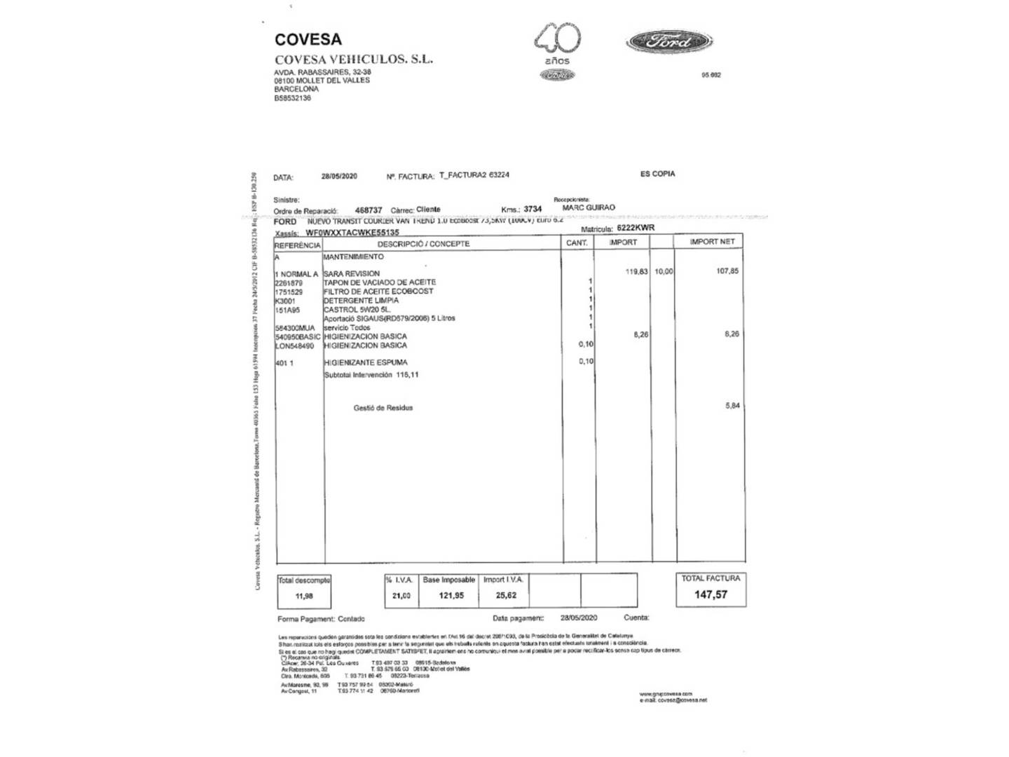 Foto del mantenimiento del Ford Transit Courier Ford Transit Courier Furgon 1.0 EcoBoost Trend (100 CV)