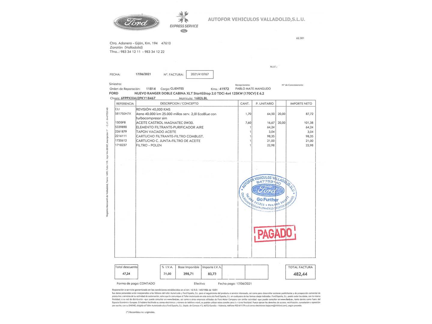 Foto del mantenimiento del Ford Ranger Ford Ranger Pickup 2.0 TDCI S&S DobleCabina XLT 4x4 (170 CV)