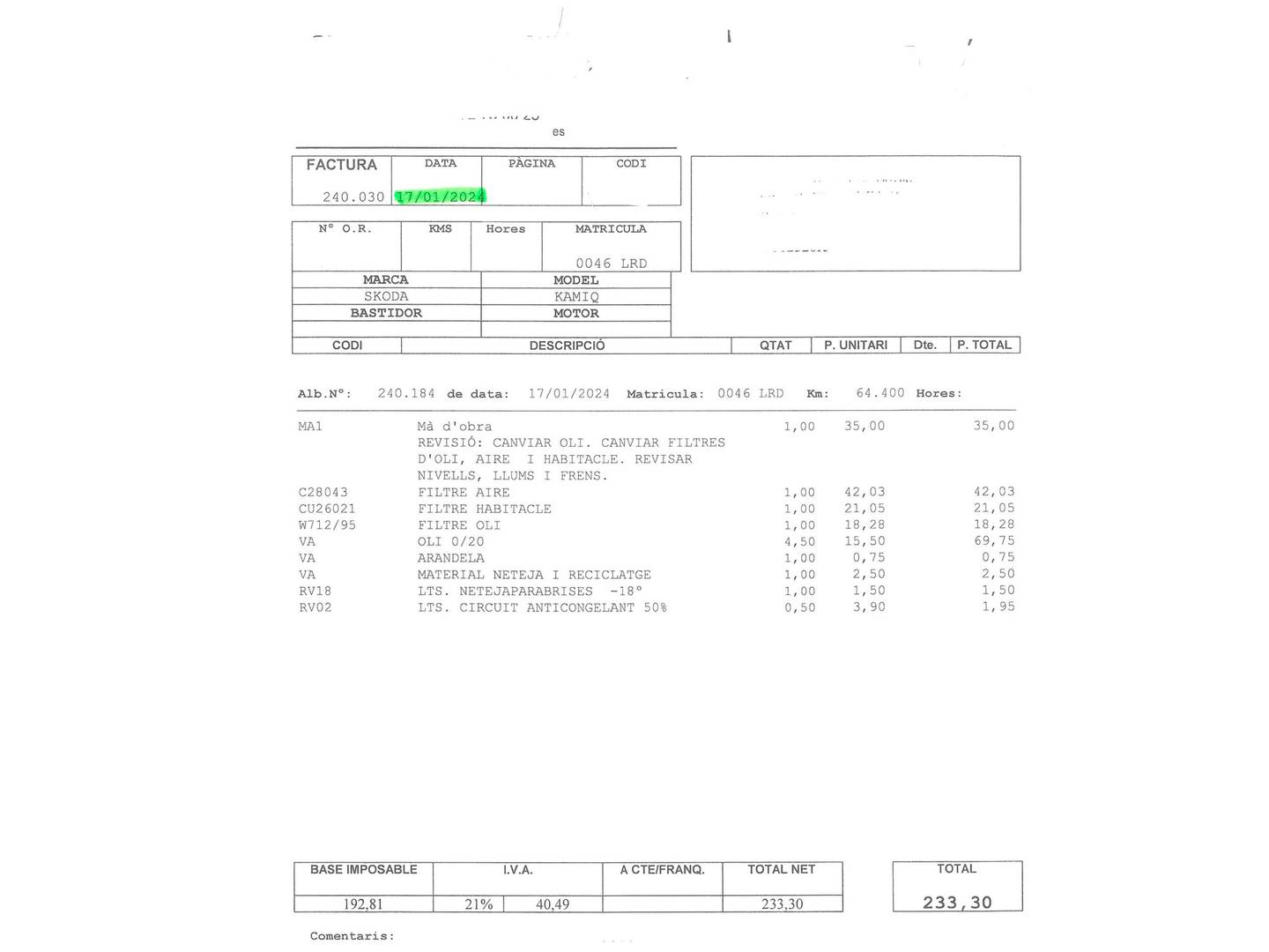 Foto del mantenimiento del Skoda Kamiq Skoda Kamiq 1.5 TSI Sport DSG (150 CV)