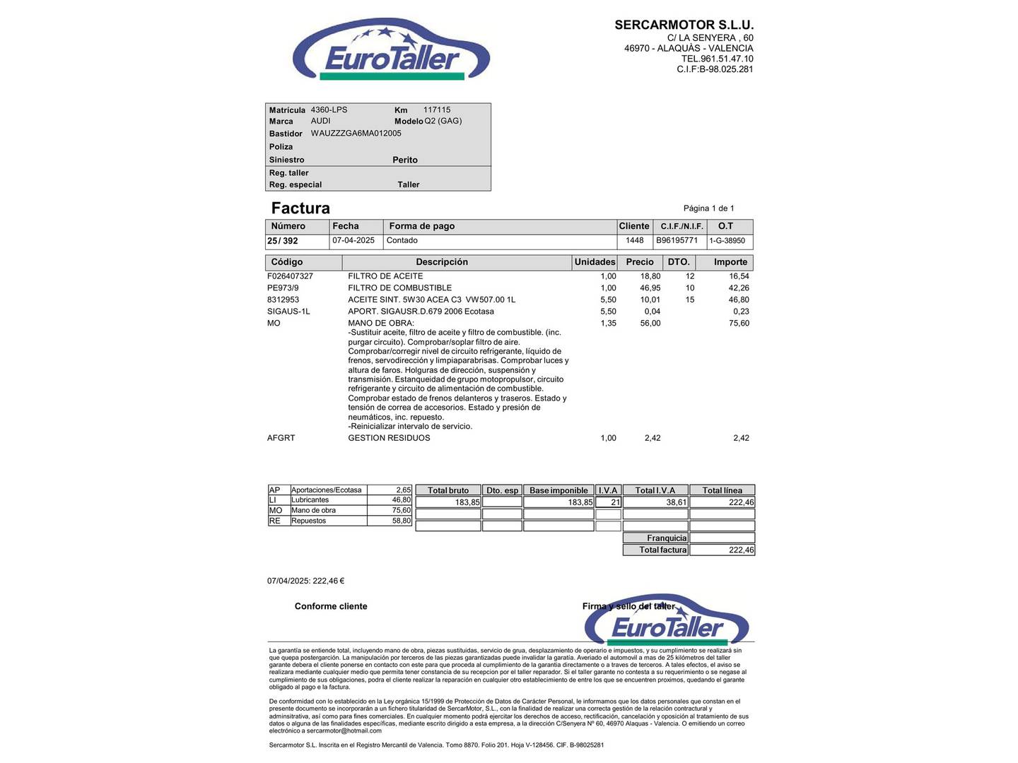 Foto del mantenimiento del Audi Q2 Audi Q2 Advanced 35 TDI quattro  (150 CV) S tronic