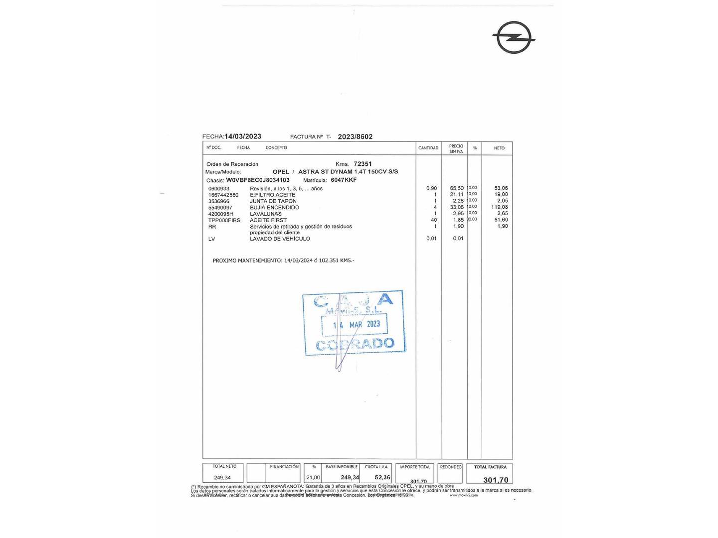 Foto del mantenimiento del Opel Astra Opel Astra 1.4 Turbo S&S Dynamic  (150 CV)
