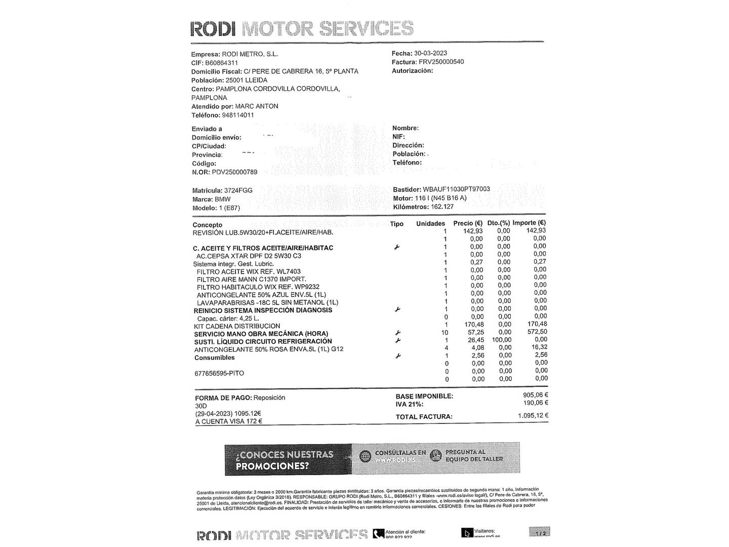 Foto del mantenimiento del BMW Serie 1 BMW Serie 1 116i (116 CV)