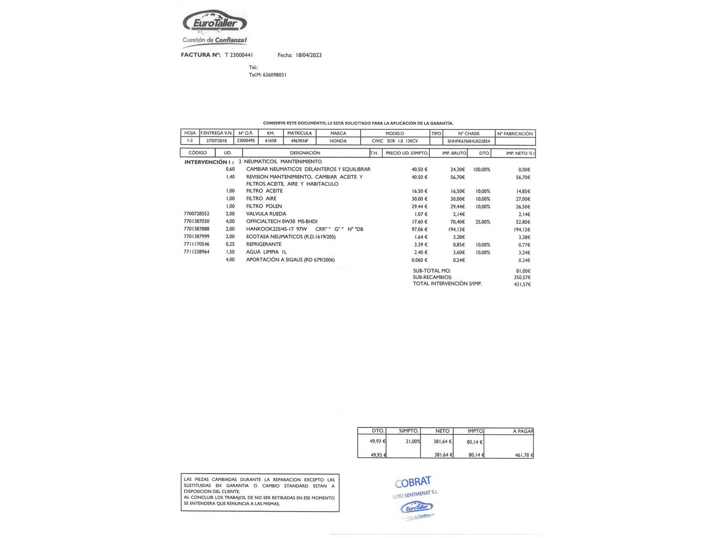 Foto del mantenimiento del Honda Civic Honda Civic 1.0 I-VTEC TURBO Elegance (129 CV)