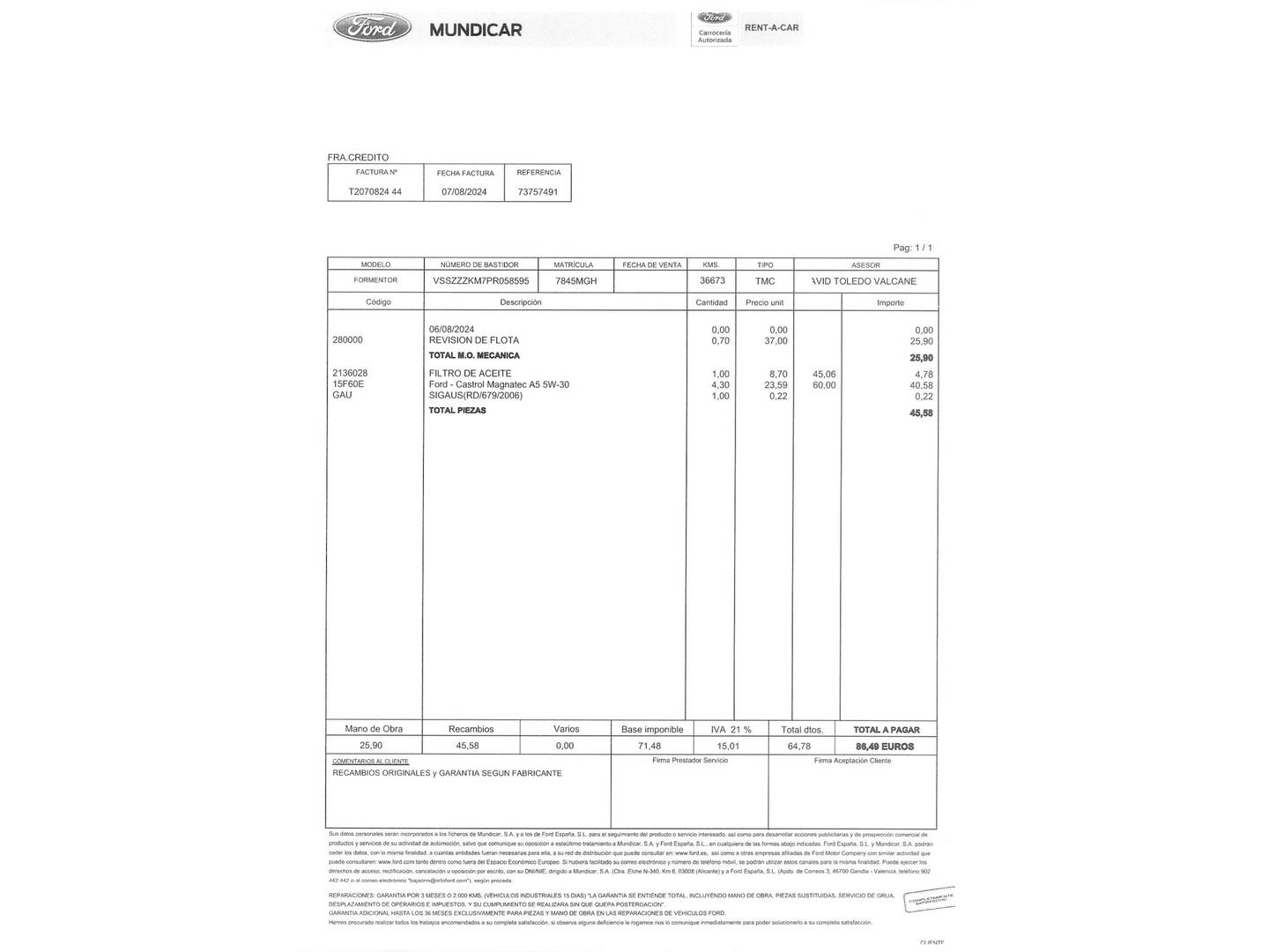 Foto del mantenimiento del Cupra Formentor Cupra Formentor 1.5 TSI DSG (150 CV)
