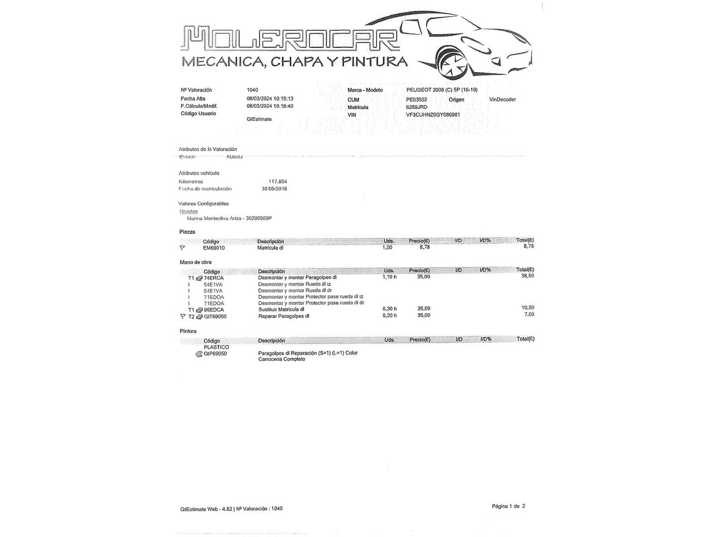 Foto del mantenimiento del Peugeot 2008 Peugeot 2008 PureTech 110 S&S Active (110 CV)