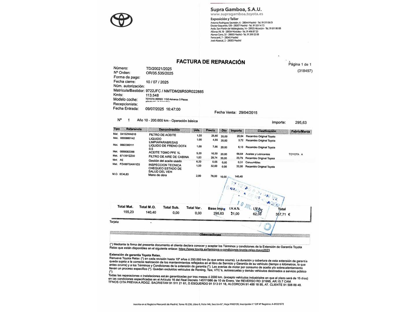 Foto del mantenimiento del Toyota Verso Toyota Verso 115D Advance (112 CV)