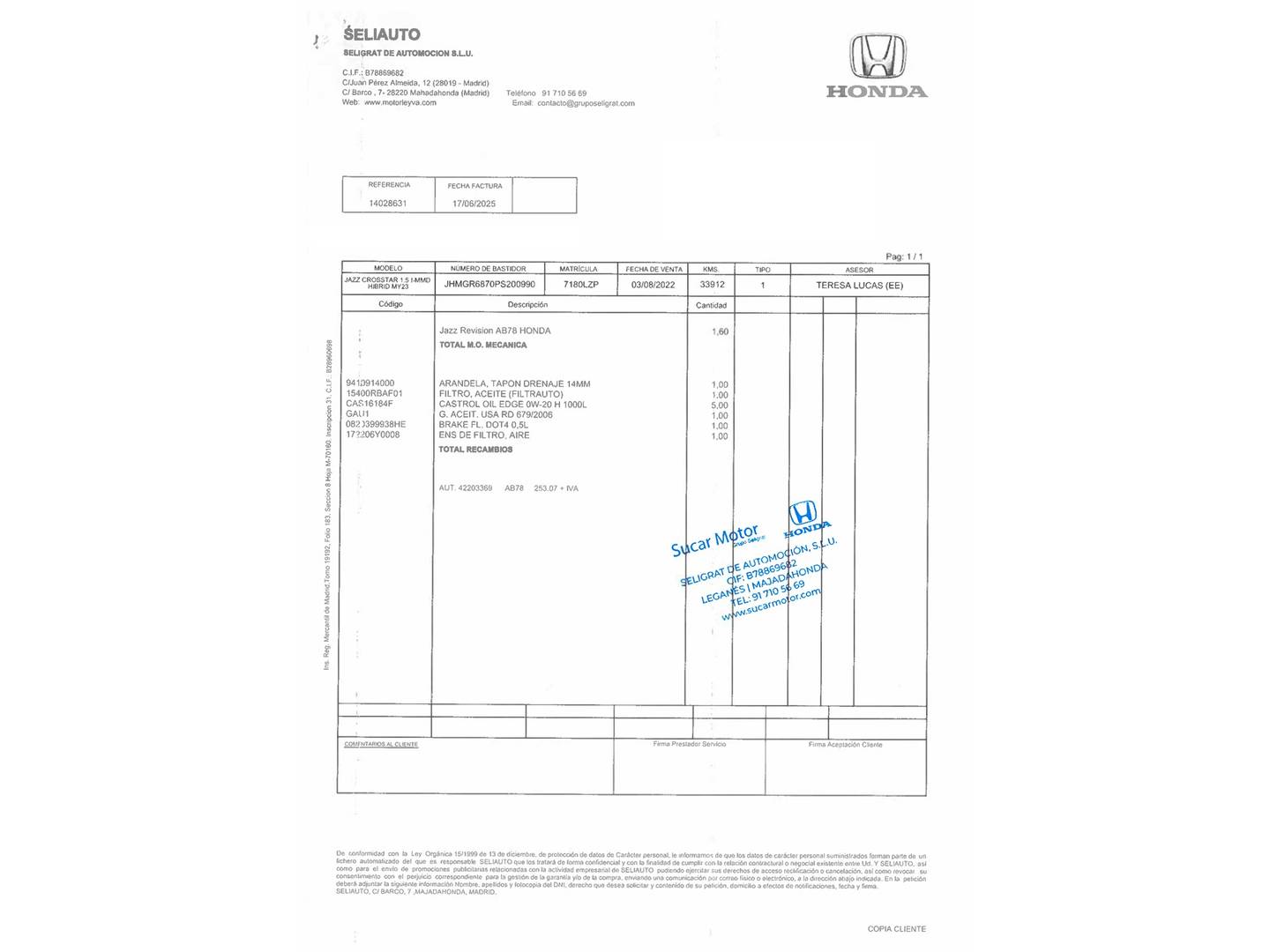 Foto del mantenimiento del Honda Jazz Honda Jazz 1.5 i-MMD CROSSTAR (109 CV)