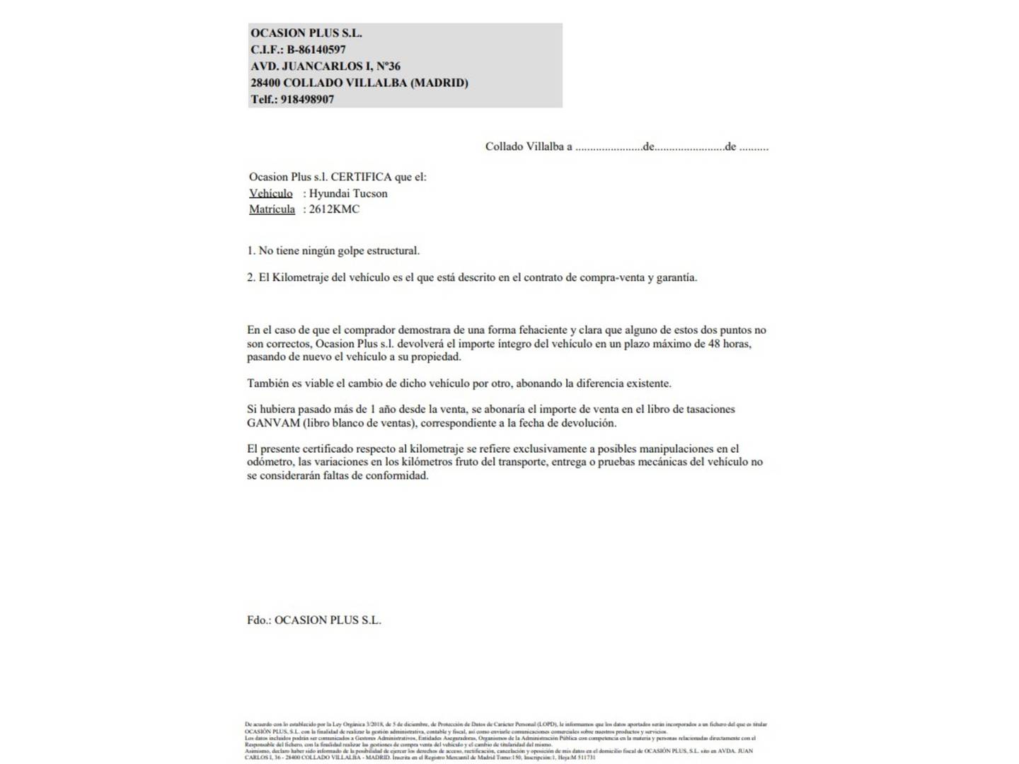 Foto del certificado del Hyundai Tucson Hyundai Tucson 1.6 GDI BlueDrive Link 4x2 (131 CV)
