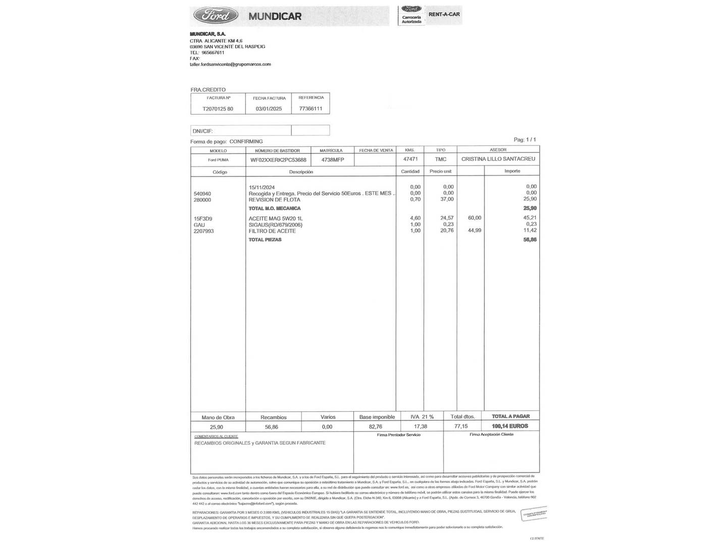 Foto del mantenimiento del Ford Puma Ford Puma 1.0 EcoBoost MHEV ST-Line X (125 CV)