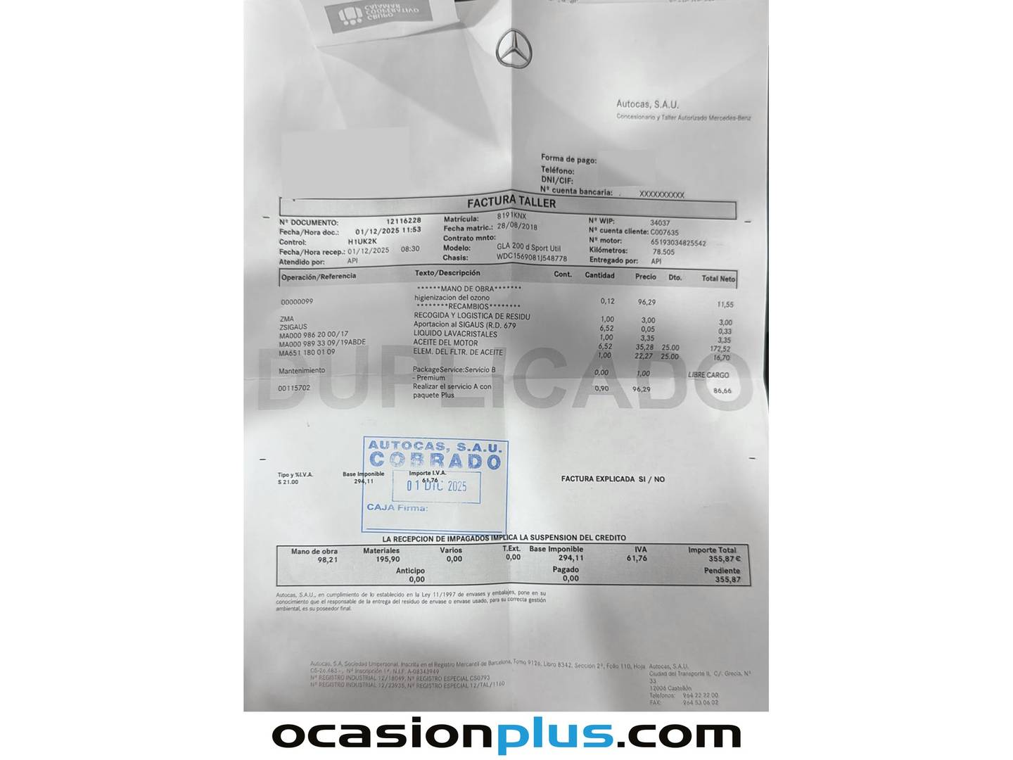 Foto del mantenimiento del Mercedes GLA Mercedes GLA 200 d (136 CV) Pack AMG