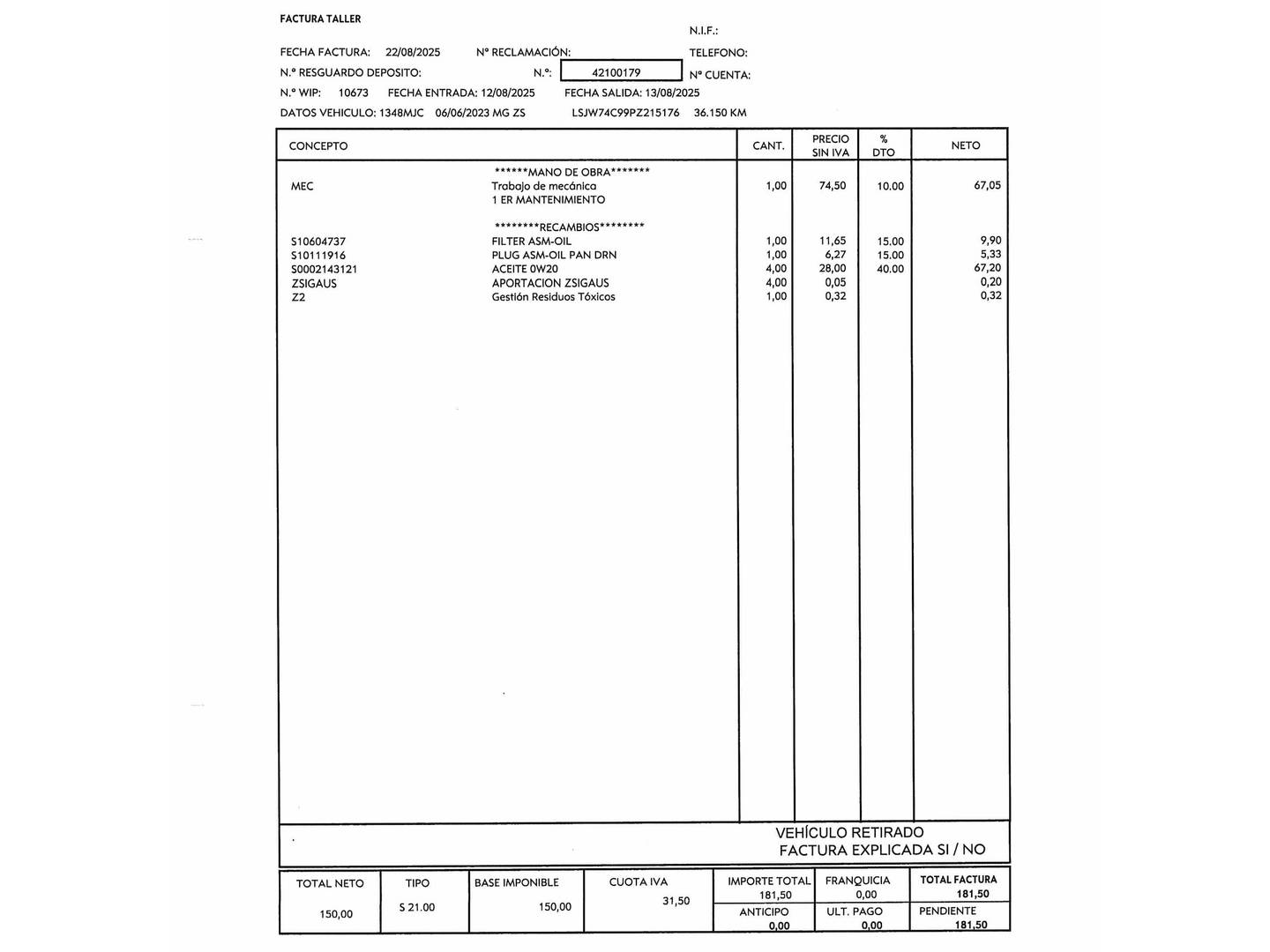 Foto del mantenimiento del MG ZS MG ZS 1.0T Luxury (111 CV)