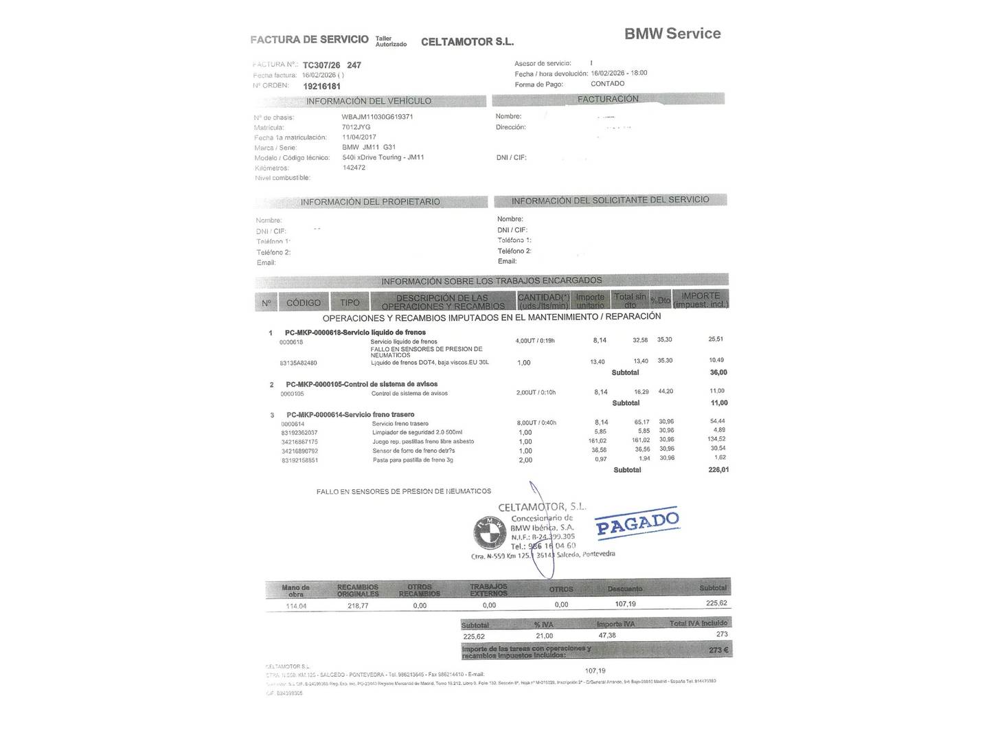 Foto del mantenimiento del BMW Serie 5 BMW Serie 5 540i xDrive Touring (340 CV) Pack M