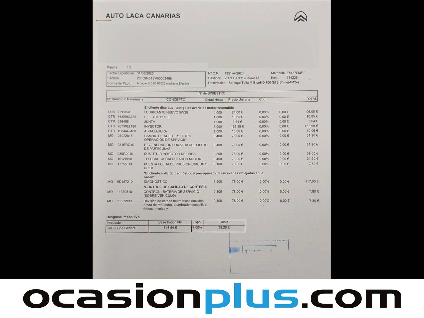 Foto del mantenimiento del Citroën Berlingo Citroën Berlingo BlueHDi 100 S&S Talla M Shine (102 CV)
