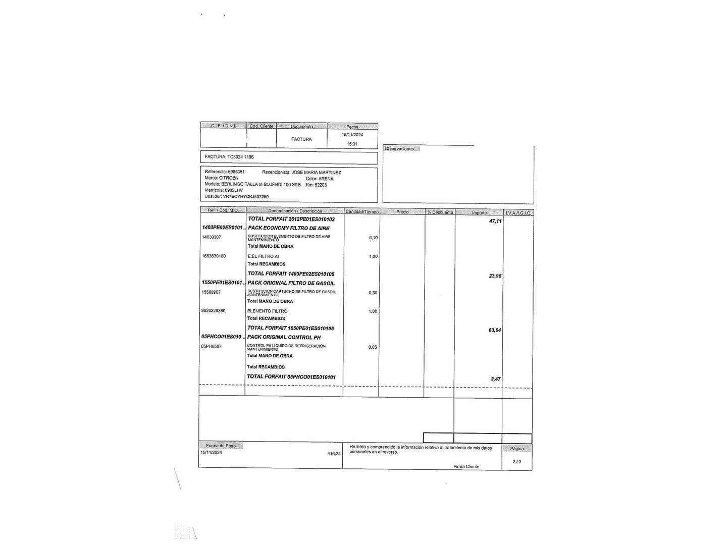 Foto del mantenimiento del Citroën Berlingo Citroën Berlingo BlueHDi 100 Talla M Shine (102 CV)