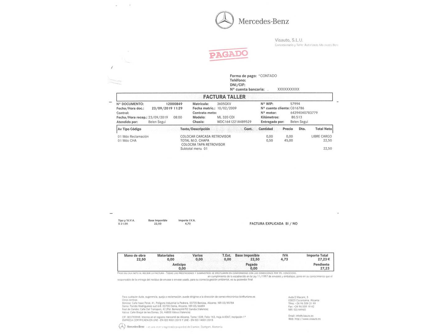 Foto del mantenimiento del Mercedes Clase M Mercedes Clase M ML 320 CDI Edition 10 (224 CV)