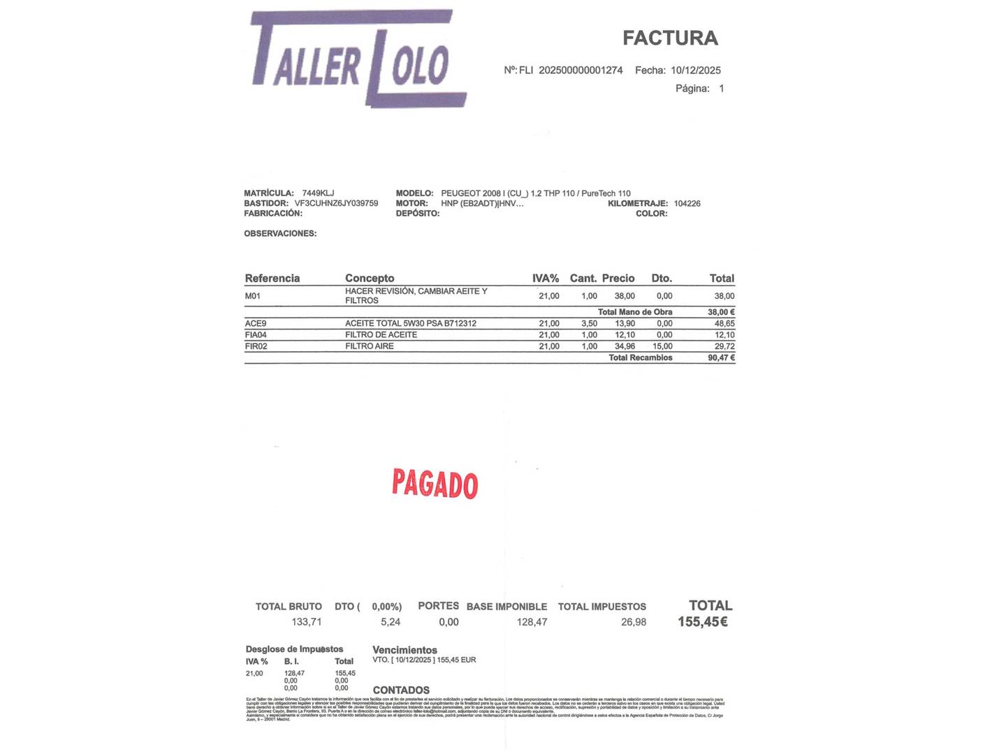 Foto del mantenimiento del Peugeot 2008 Peugeot 2008 PureTech 110 S&S Allure (110 CV)