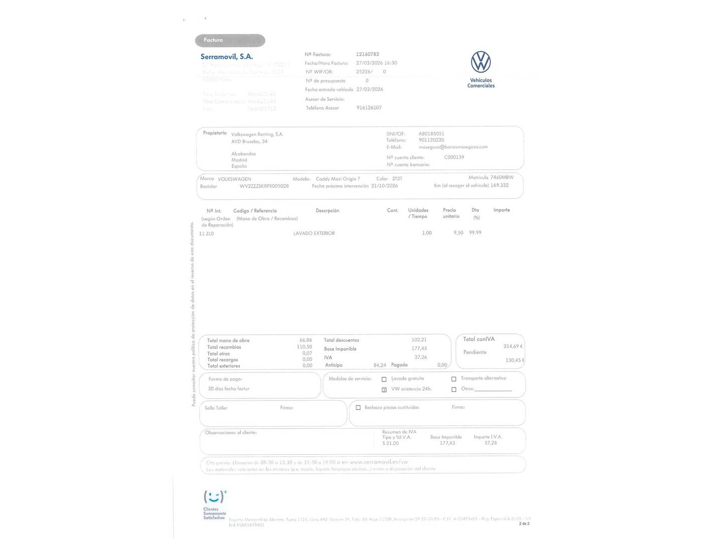Foto del mantenimiento del Volkswagen Caddy Volkswagen Caddy Maxi Origin 1.5 TSI (114 CV) 7 Plazas