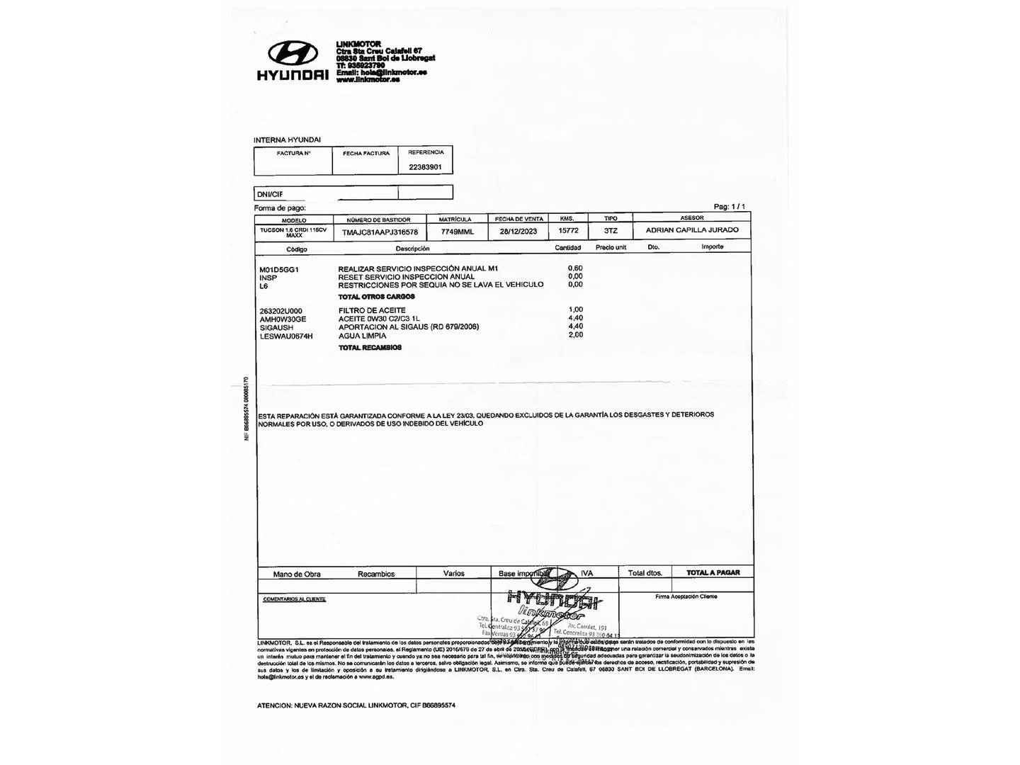 Foto del mantenimiento del Hyundai Tucson Hyundai Tucson 1.6 CRDI Maxx (115 CV)