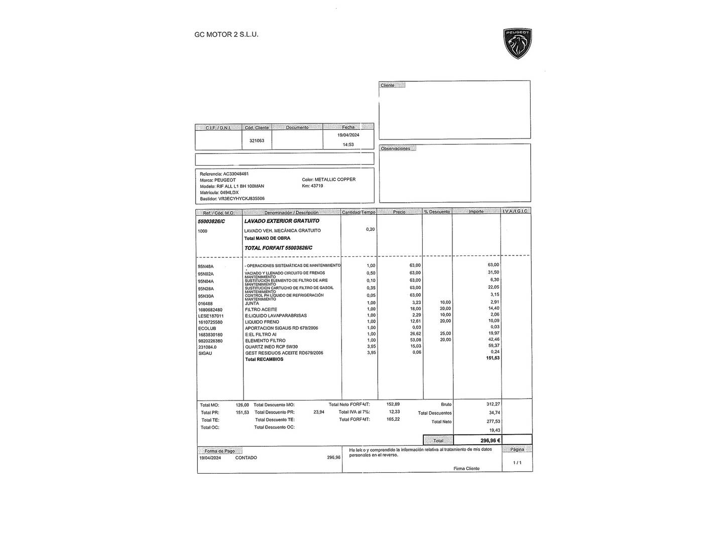 Foto del mantenimiento del Peugeot Rifter Peugeot Rifter BlueHDi 100 S&S Allure Standard (100 CV)