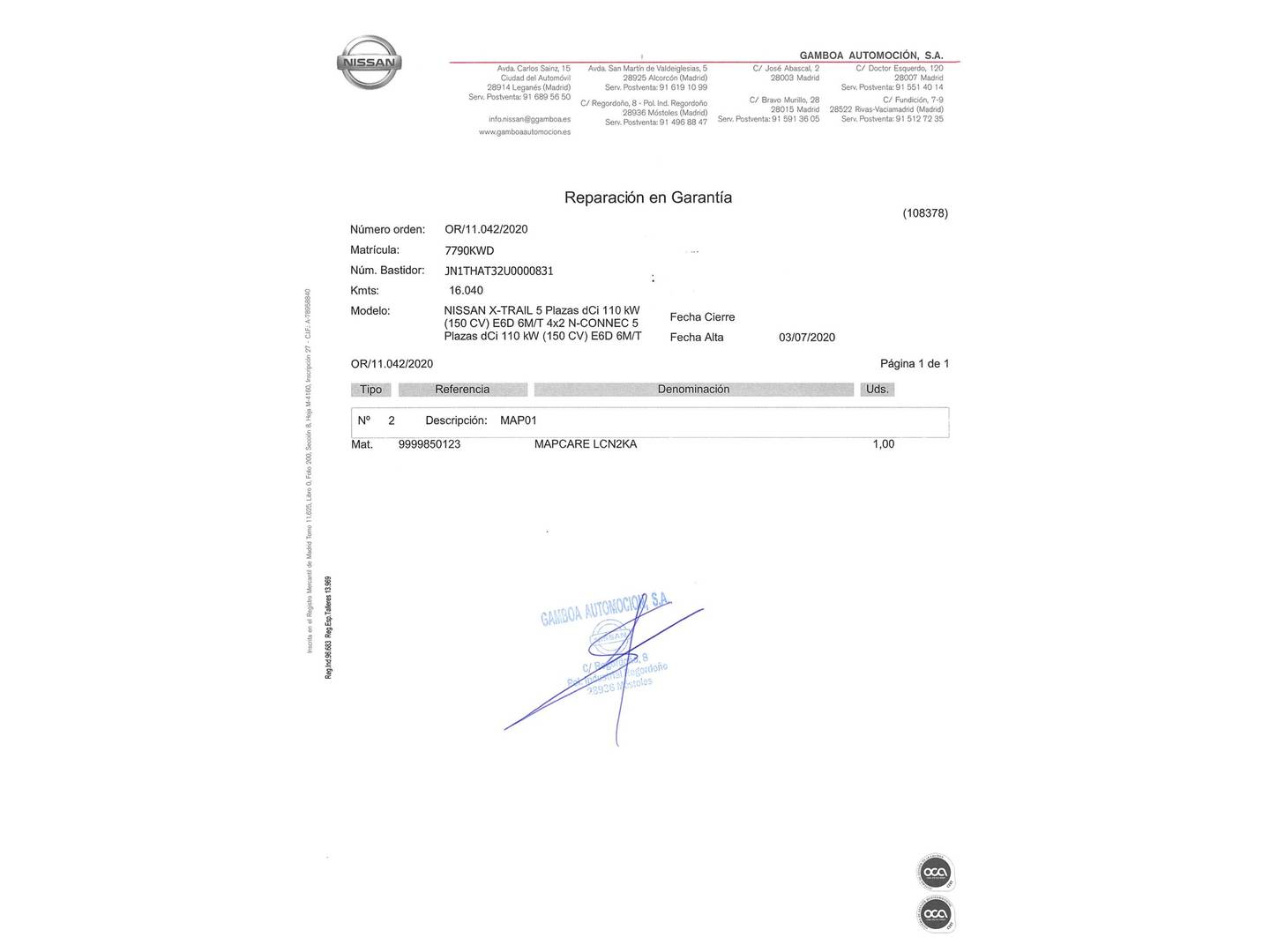 Foto del mantenimiento del Nissan X-TRAIL Nissan X-Trail Visia dCi (150 CV)