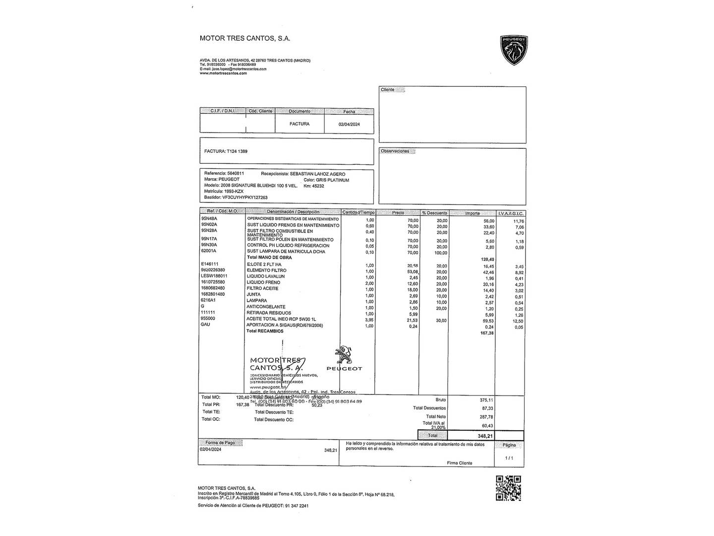 Foto del mantenimiento del Peugeot 2008 Peugeot 2008 BlueHDi 100 Signature (100 CV)