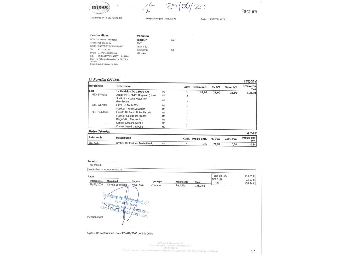 Foto del mantenimiento del Seat Ibiza Seat Ibiza 1.0 EcoTSI S&S Xcellence (95 CV)