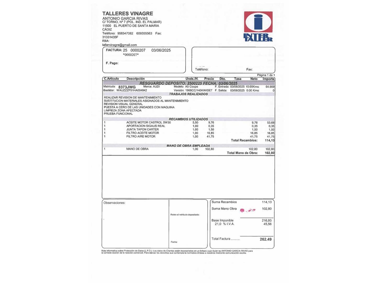 Foto del mantenimiento del Audi A5 Audi A5 Coupe Coupe S line 2.0 TDI quattro (190 CV) S tronic