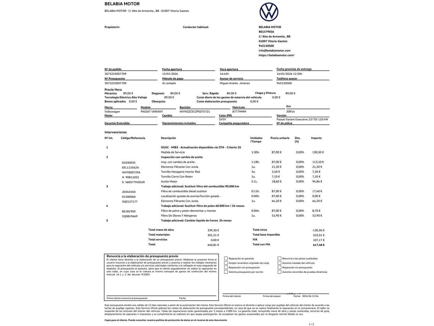 Foto del mantenimiento del Volkswagen Passat Volkswagen Passat Variant Executive 2.0 TDI (150 CV)