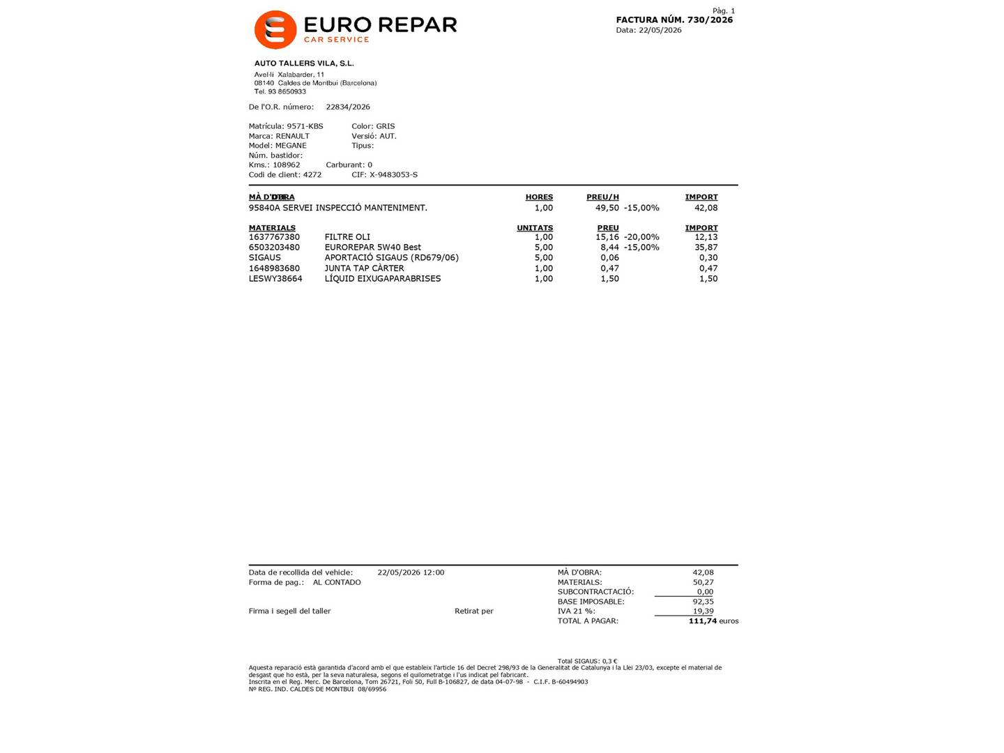 Foto del mantenimiento del Renault Mégane Renault Megane Zen Energy TCe (130 CV) EDC